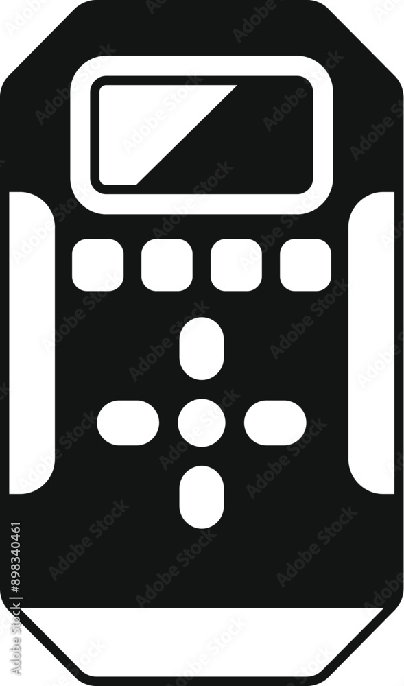 Poster black and white icon of a control panel, featuring a display screen and an array of buttons, represe