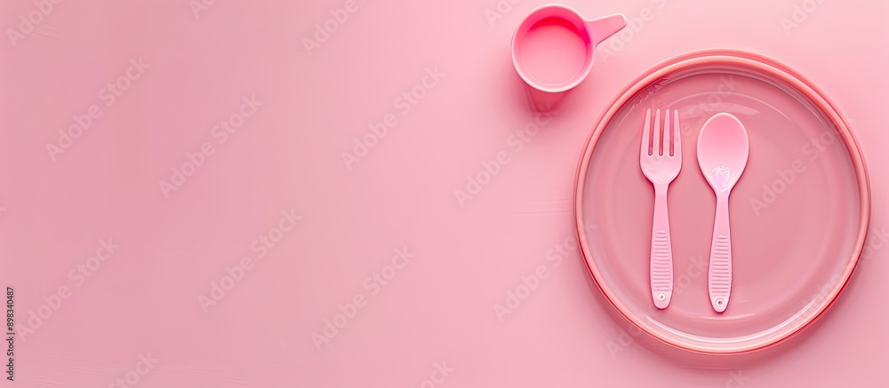 Poster flat lay arrangement of plastic dishware displayed on a pink background with ample copy space for te
