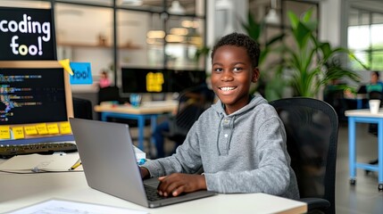 A Young Boy Engaged in Coding Activities in a Modern and Innovative Office Environment