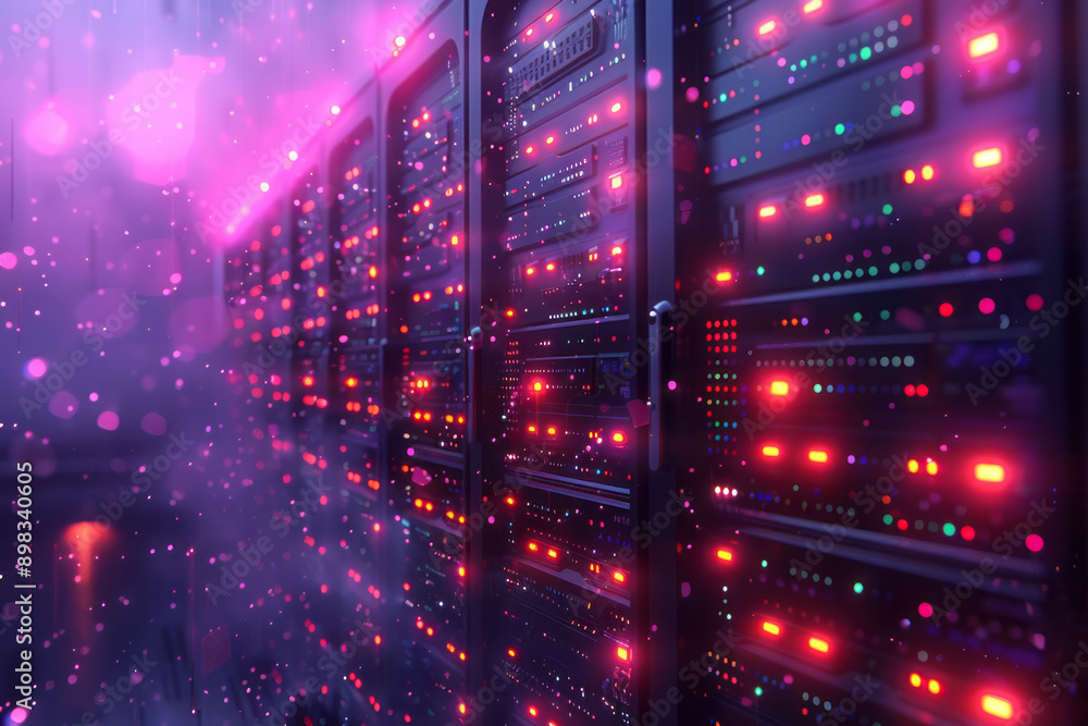 Poster sleek server abstraction design with dynamic neon lights and glowing data streams,