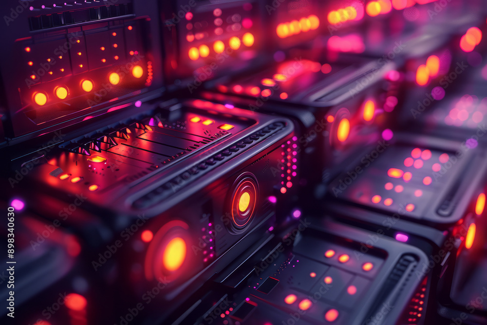 Poster elegant design of server networks with vibrant neon lights and abstract geometric shapes,