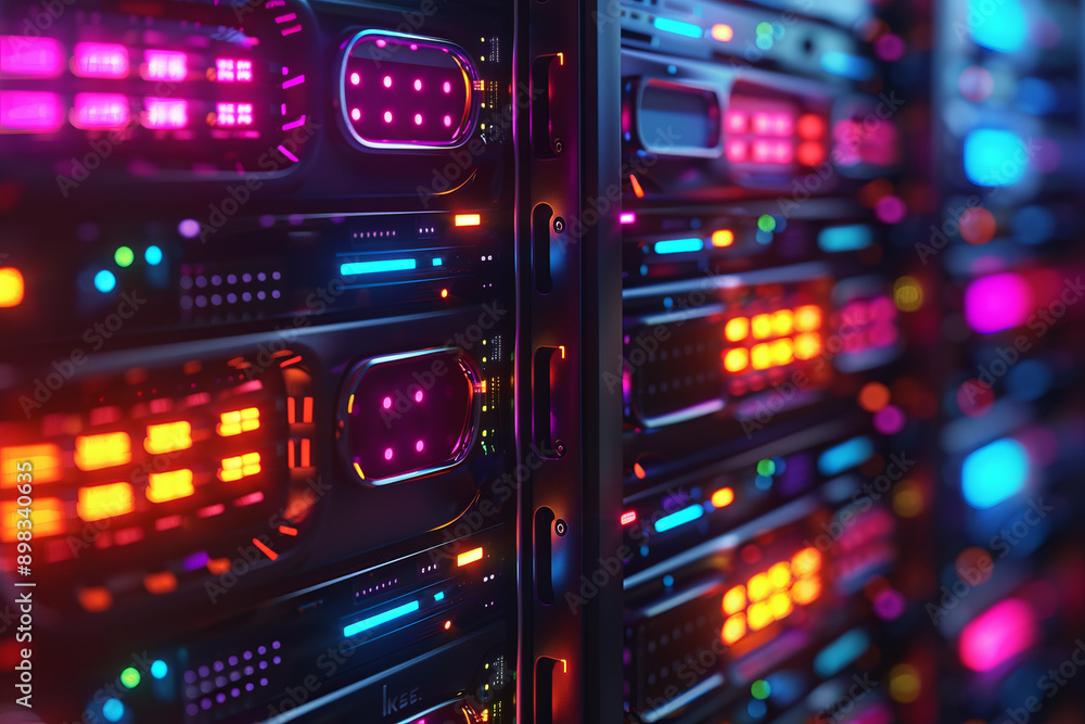 Poster elegant design of server networks with vibrant neon lights and abstract geometric shapes,