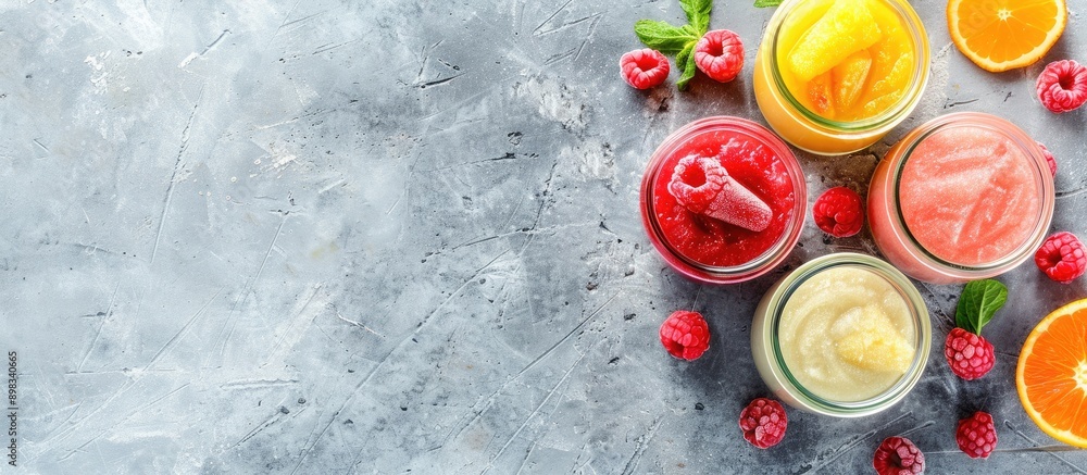 Poster assortment of frozen fruit puree sticks for a healthy summer concept baby food displayed in a glass 