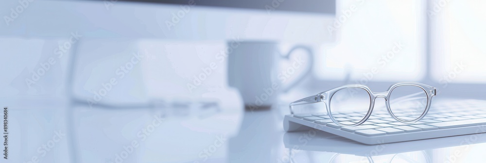 Poster A pair of clear glasses sits on a white keyboard, with a computer monitor and mug out of focus in the background. Generative AI