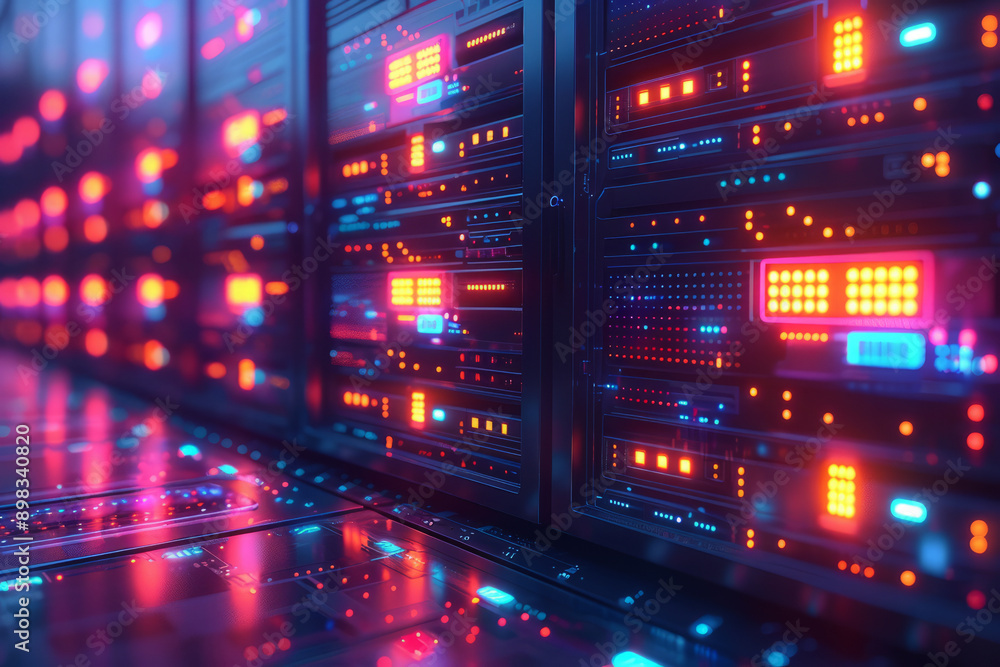 Poster abstract depiction of server systems with vibrant, dynamic neon lights and illuminated circuit patte