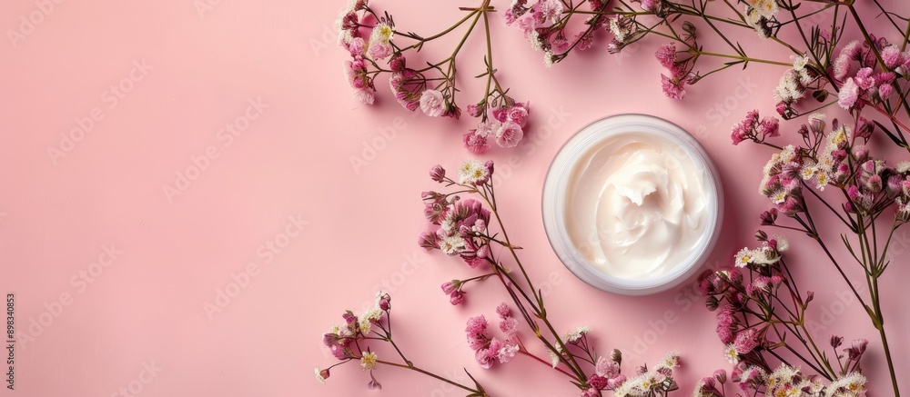 Poster top view of a cosmetic background with ample copy space image