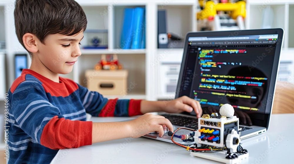 Poster young boy learning robotics and programming on laptop