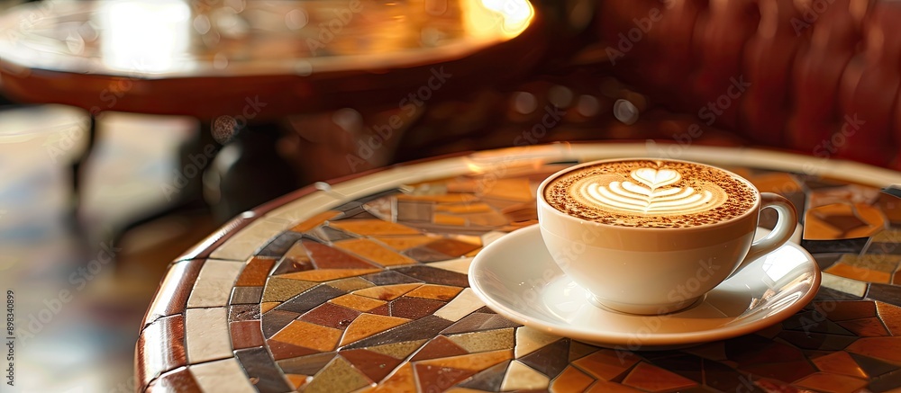Aufkleber cappuccino cup on cafe table with pattern copy space image