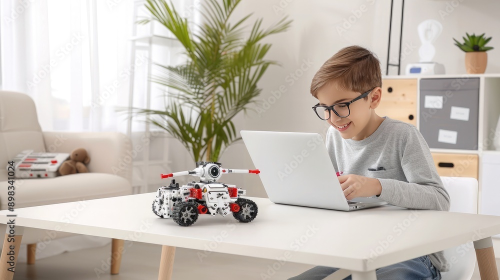 Poster young boy building and programming a robot at home