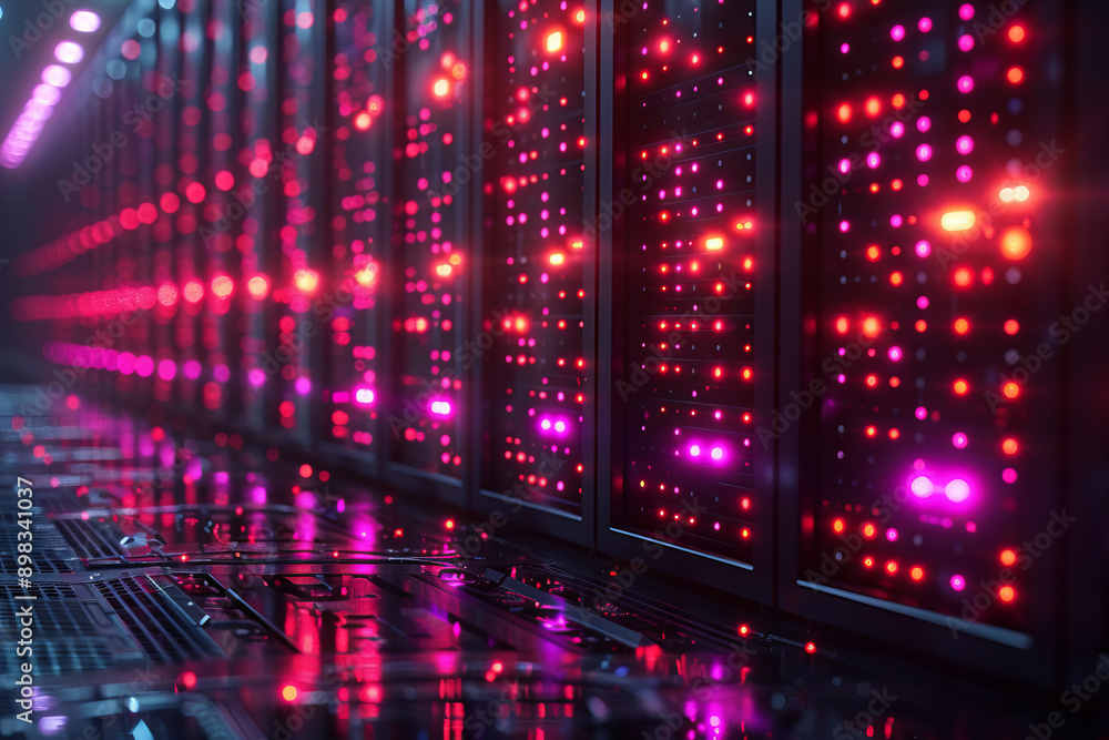 Aufkleber elegant representation of server systems with radiant neon lights highlighting dynamic data flows,