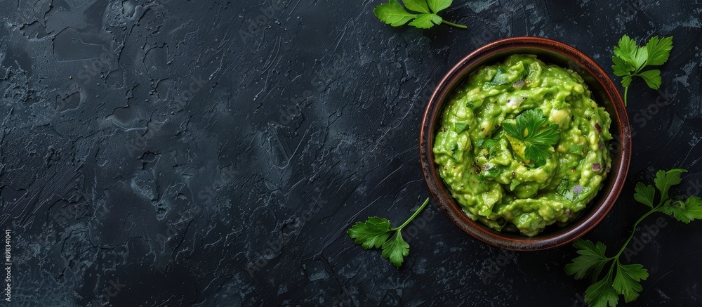 Poster Top down view of a bowl filled with fresh guacamole on a dark backdrop providing ample copy space for text or editing