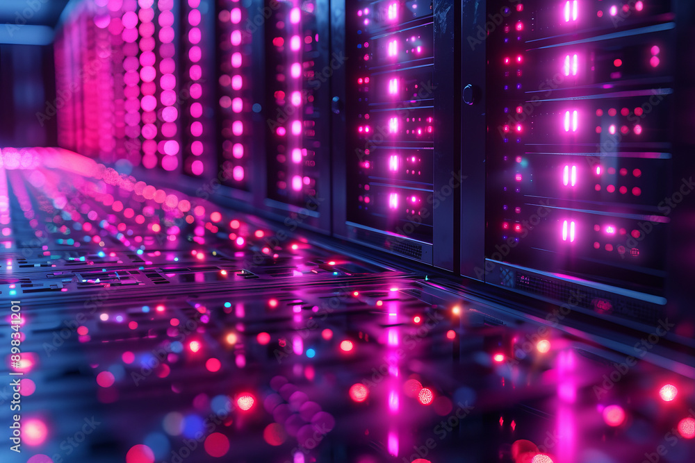 Poster stylish design of server networks with luminous neon lights and vibrant geometric forms,