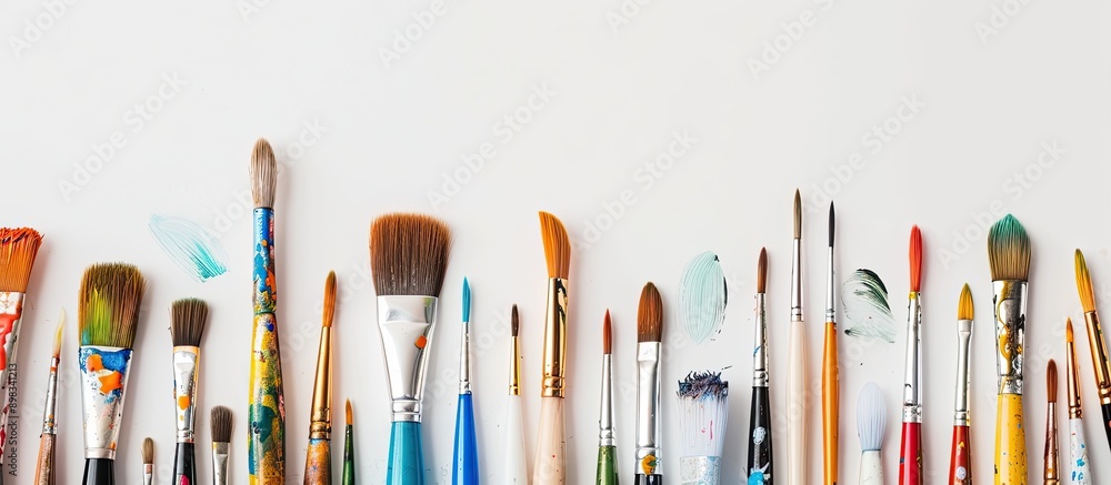 Aufkleber colorful paint brushes along with various painting accessories displayed on a white background with 
