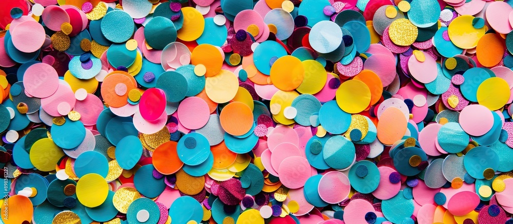 Poster colorful circular confetti scattered in a background with ample copy space image