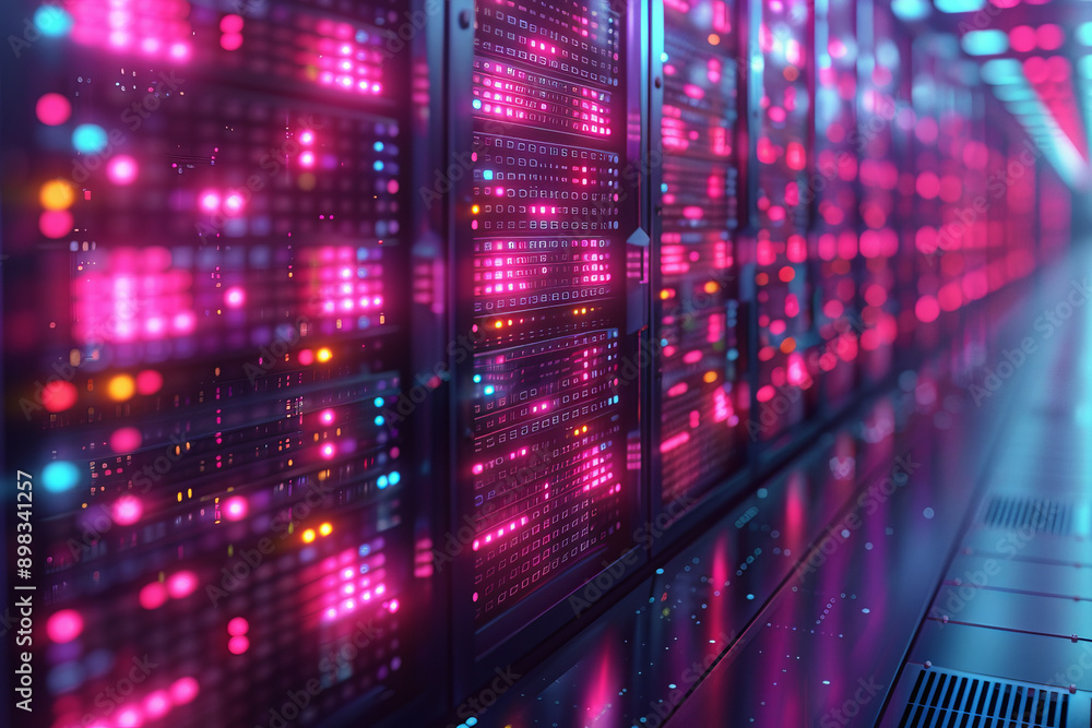 Poster modern server concept featuring dynamic neon lights and abstract depictions of data interactions,