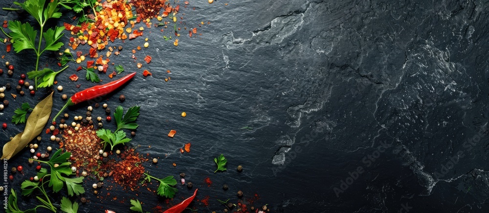 Poster top view of an array of vibrant spices like chili flakes mixed pepper parsley herbs and red paprika 