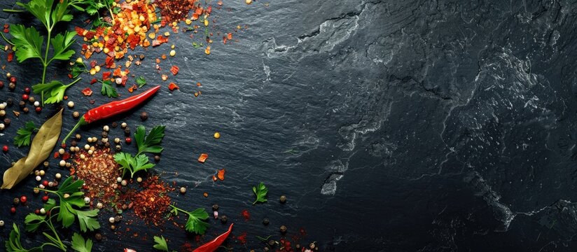 Top view of an array of vibrant spices like chili flakes mixed pepper parsley herbs and red paprika on a dark black slate background with copy space image