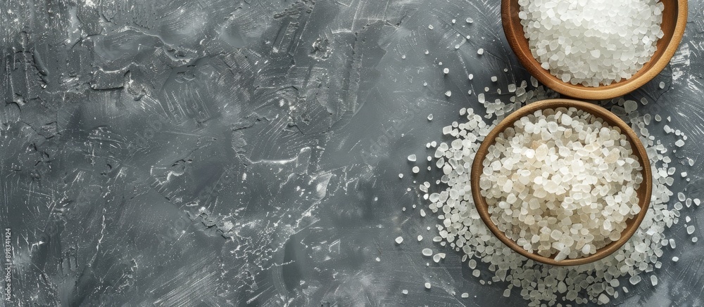 Aufkleber Top down view of mineral bath salt on a grey background with ample copy space for text or images