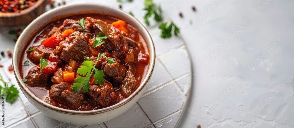 Poster Close up of a tasty goulash in a bowl on a white tiled table with copy space image available