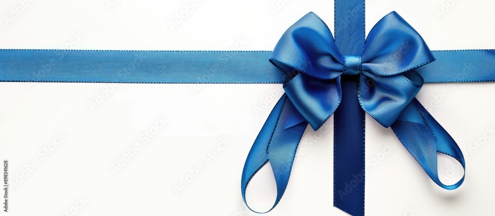 Poster blue gift bow and cross ribbon on white background with copy space image
