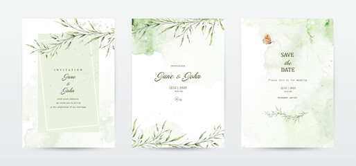 Set of green leaves watercolor wedding invitation template cards