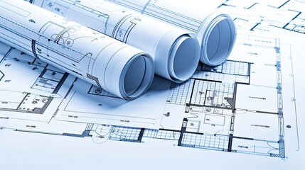 Rolled Blueprints Scattered on the Floor, Providing a Detailed House Floor Plan