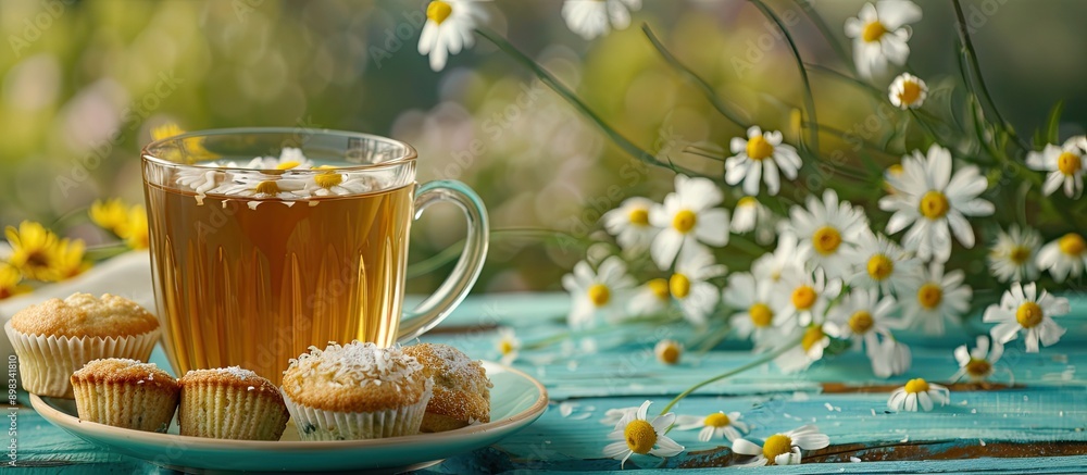 Poster Chamomile tea in a glass with chamomile flowers and muffins on colorful wooden backdrop ideal for adding text or design with copy space image