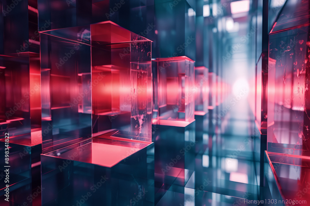 Poster elegant abstract design with blue cubes and striking red lighting creating intricate patterns,