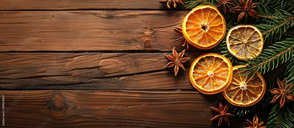 Poster christmas decorations with sliced dried oranges arranged on a wooden table with copy space image