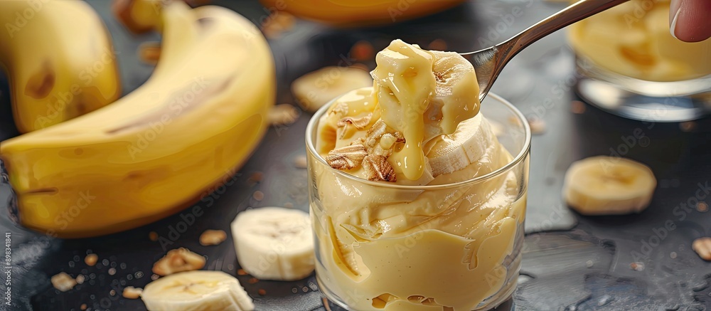 Aufkleber a banana mousse is being spooned into glasses with two bananas nearby in a copy space image