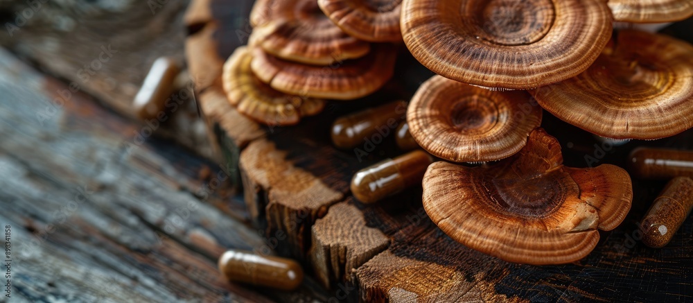 Poster Close up of Ling zhi and Ganoderma lucidum mushrooms with a capsule on a wooden table with a blank background for copy space image