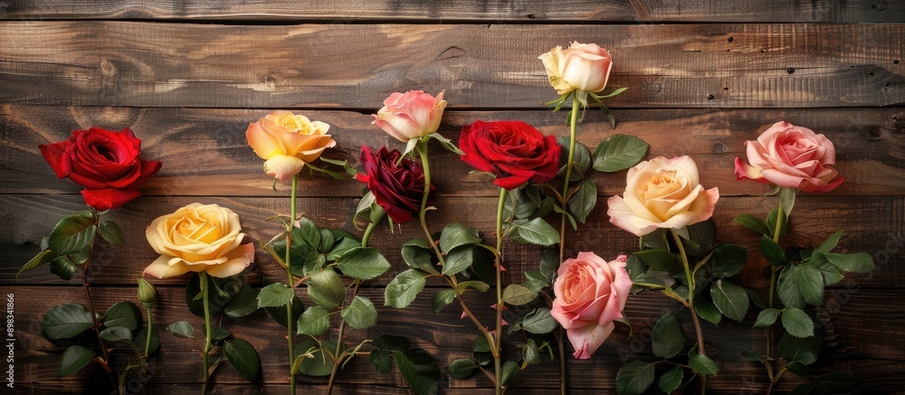 Poster Assorted roses displayed on a rustic wooden backdrop with copy space image available