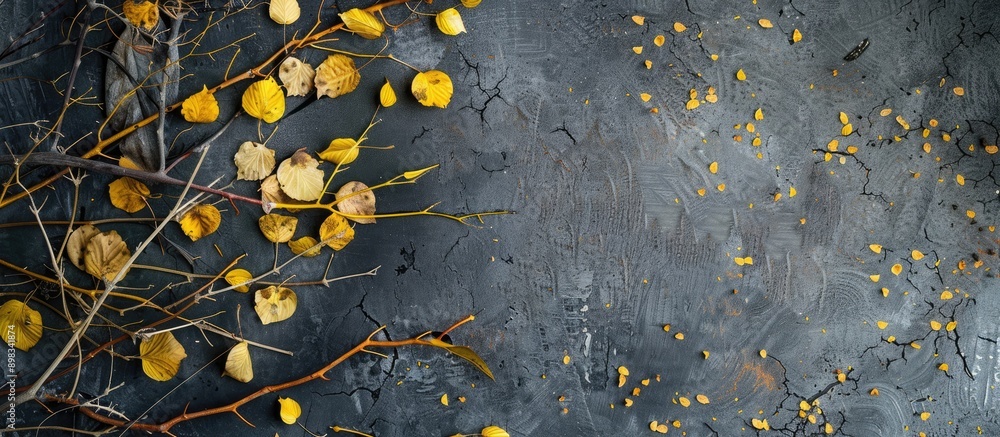Leinwandbilder top down view of a minimalist autumn arrangement with fallen yellow leaves and branches providing co