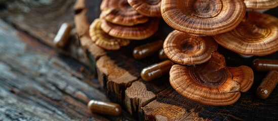 Close up of Ling zhi and Ganoderma lucidum mushrooms with a capsule on a wooden table with a blank background for copy space image