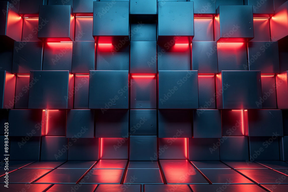 Poster abstract 3d scene featuring blue cubes arranged in a pattern with vivid red lighting effects,