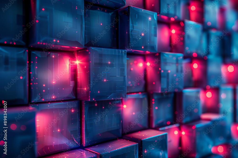 Poster abstract 3d scene featuring blue cubes arranged in a pattern with vivid red lighting effects,