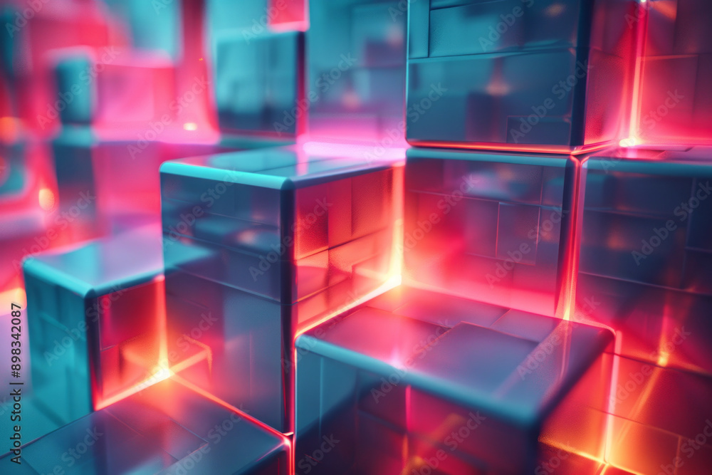 Poster modern 3d render showcasing geometric blue cubes with dynamic red illumination creating depth,