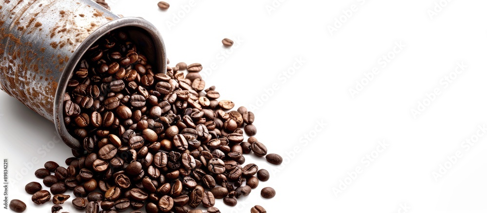 Poster coffee beans spilling from a container on a white background creating a copy space image