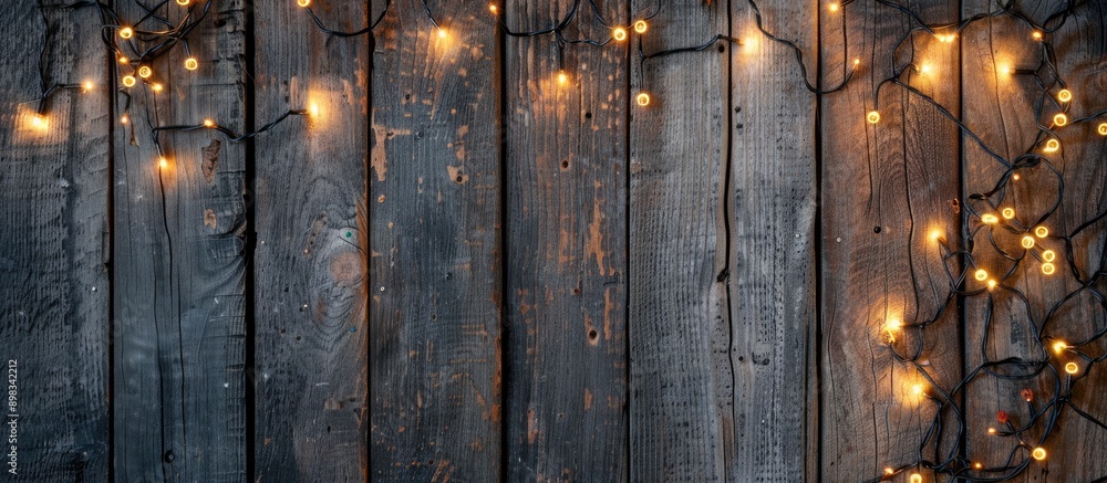 Aufkleber Christmas lights are illuminated against a rustic wooden backdrop in the image with available copy space