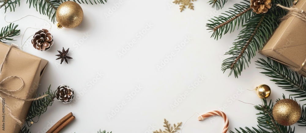 Aufkleber christmas decorations a gift box and a white background in a flat lay style with a top view featurin