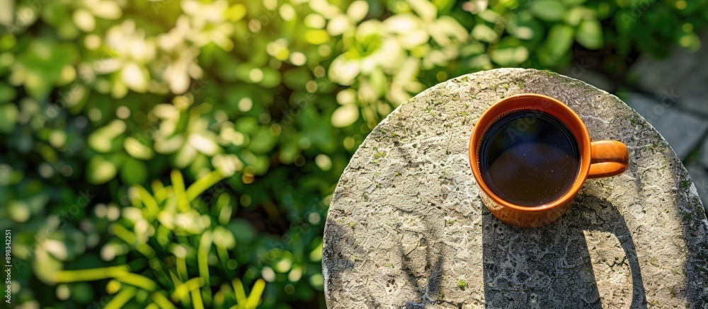 Fototapete top down view of a coffee cup placed on a tabletop in the garden with ample copy space in the image
