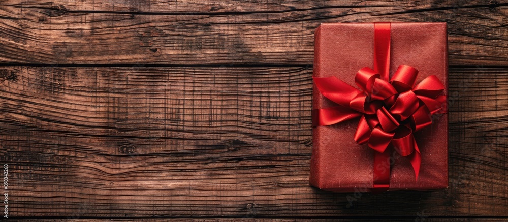 Poster top view of a desktop with a red gift box creating a charming composition on a wooden surface provid