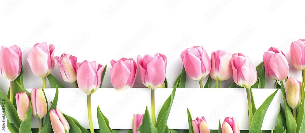Aufkleber close up image of pink tulips with a white banner isolated on a white background providing copy spac