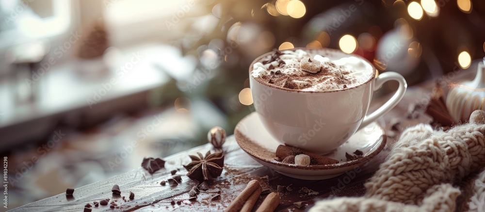 Canvas Prints A cozy kitchen table setting with a steaming cup of hot chocolate embellished with cream chocolate pieces cinnamon and brown sugar ready for a copy space image