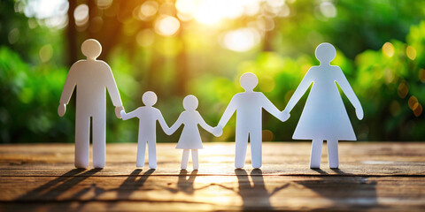 A conceptual image representing family with paper cutout figures of parents and children, set against a bright, green natural background, symbolizing unity and togetherness