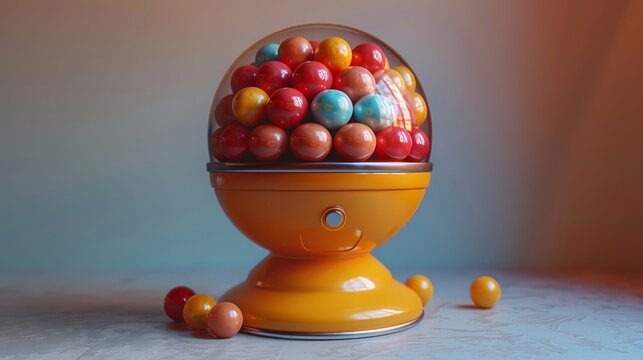 Round orange bubble gum vending machine dispenser standing on a table and full of colorful gumballs
