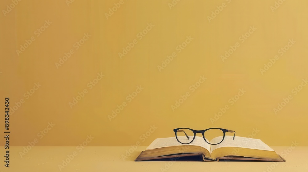 Fototapete a book is lying open on a yellow surface, with eyeglasses resting on the open pages. generative ai