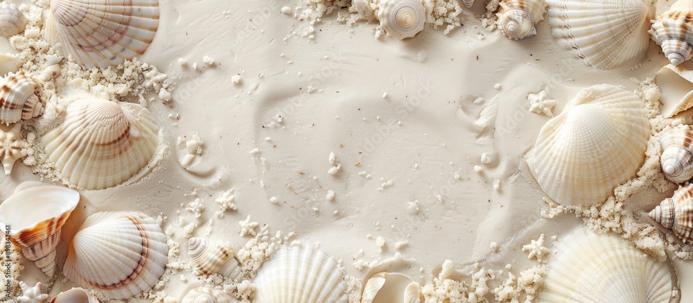 Aufkleber a beach scene with seashells scattered over white sand a perfect summer holiday backdrop featuring a