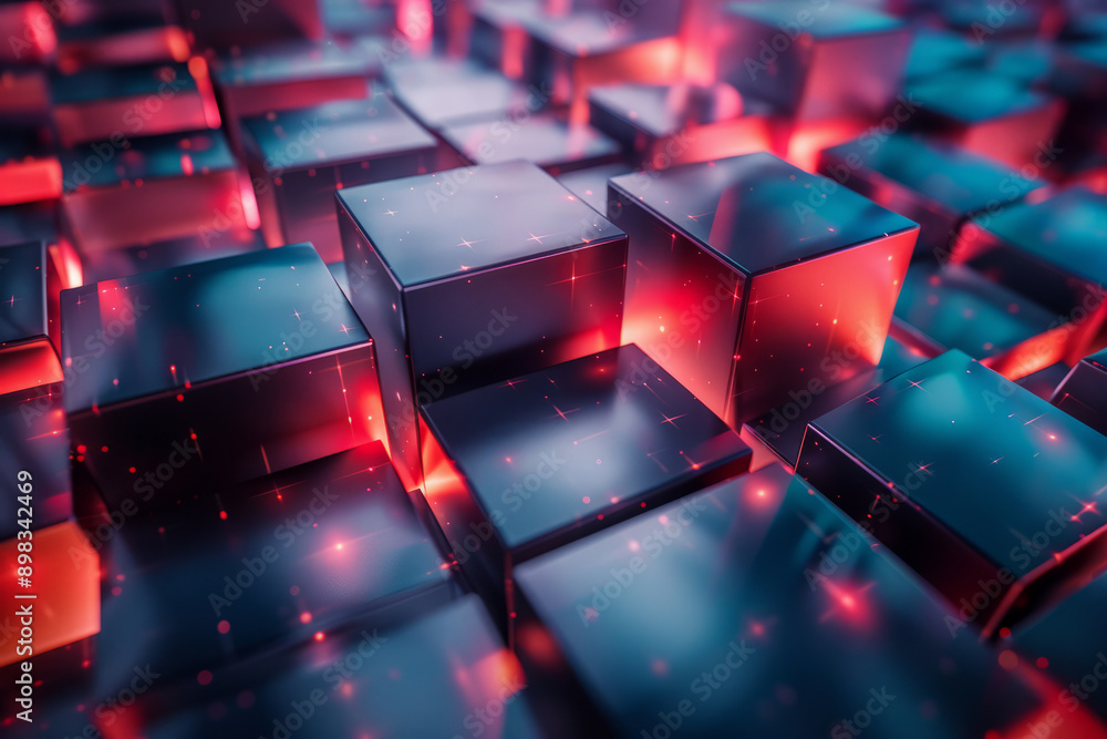 Poster stylish 3d render featuring blue cubes with vivid red illumination enhancing the abstract design,