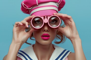 A sailor woman with pink binoculars